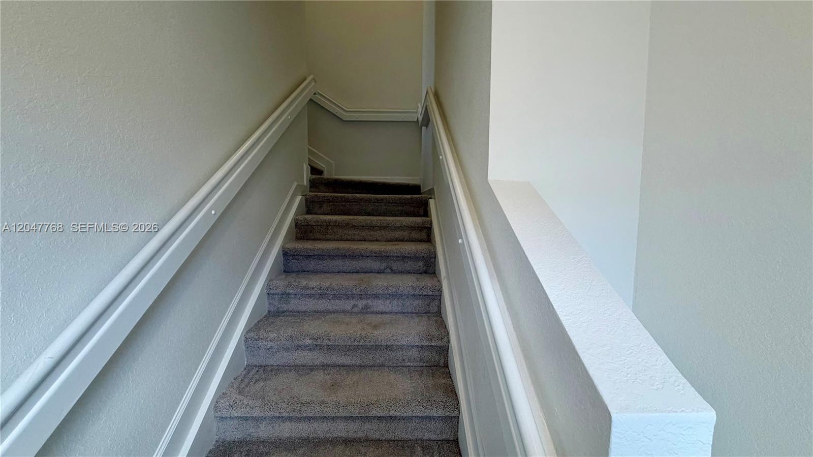 A carpeted staircase with white walls and handrails leads to an upper landing — 15601 SW 280 # 1, Miami FL 33032, MIAMI, FL
