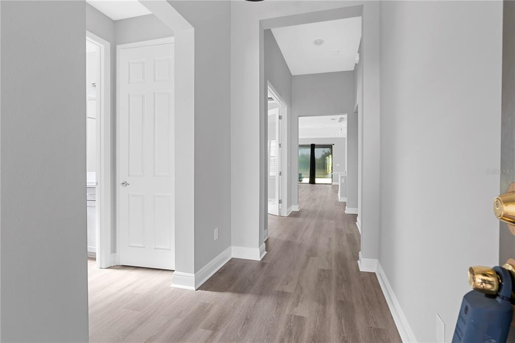 A hallway with light gray walls and wood-look flooring leads toward an open living area — 6227 GOLDEN NETTLE DRIVE, APOLLO BEACH, FL