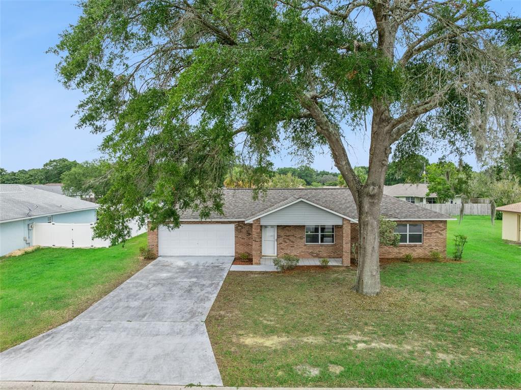 A single-story brick house features a two-car garage, a concrete driveway, and a large tree — 261 SE 61ST COURT, OCALA, FL