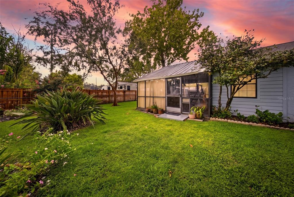 A backyard features a green lawn, a screened-in porch, and a wooden fence at sunset — 38648 FERM CIRCLE, ZEPHYRHILLS, FL
