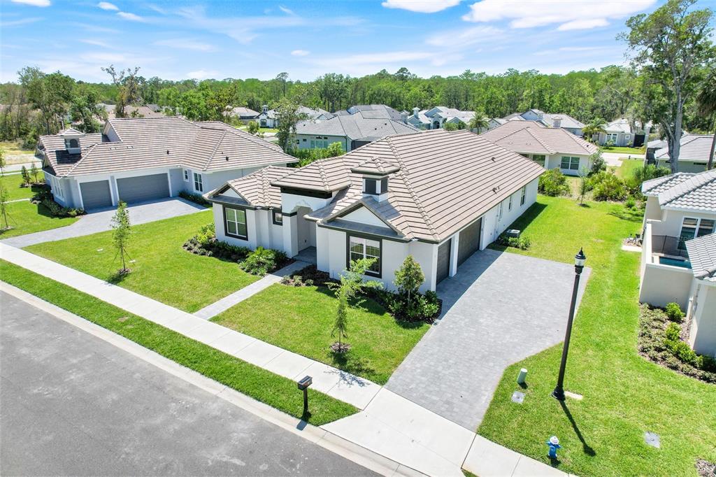 An aerial view shows a single-story house with a tiled roof and a paved driveway — 138 NEW LEATHERWOOD DRIVE, PALM COAST, FL