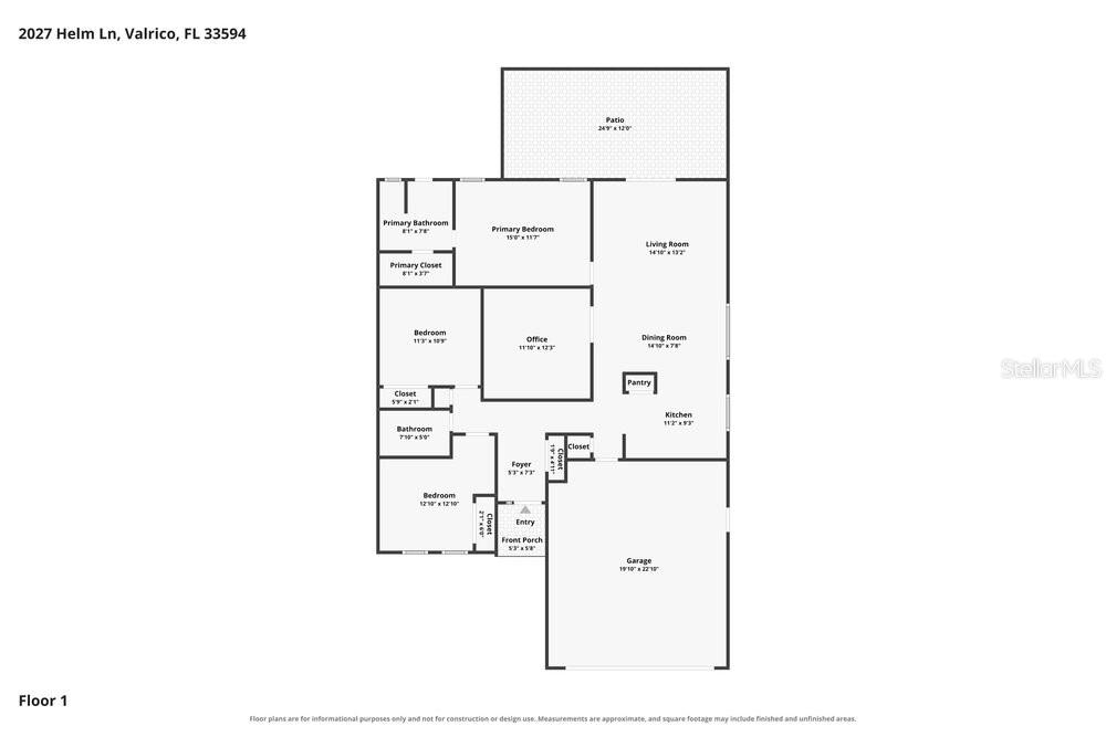 This is a floor plan for a single-story house with a garage and rear patio — 2027 HELM LANE, VALRICO, FL