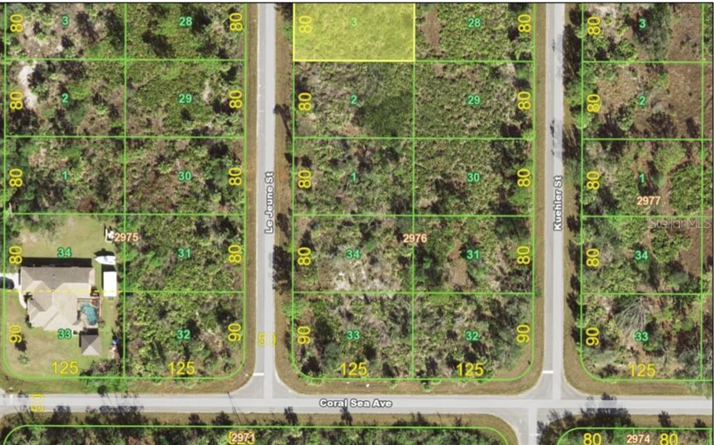 This is a satellite map view showing several vacant residential lots outlined in green — 2366 LE JEUNE DRIVE, PORT CHARLOTTE, FL