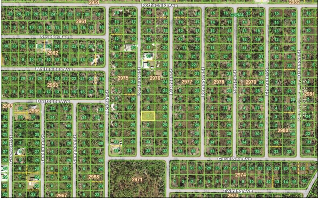 This is a map showing a grid of residential land parcels with highlighted lot boundaries — 2366 LE JEUNE DRIVE, PORT CHARLOTTE, FL