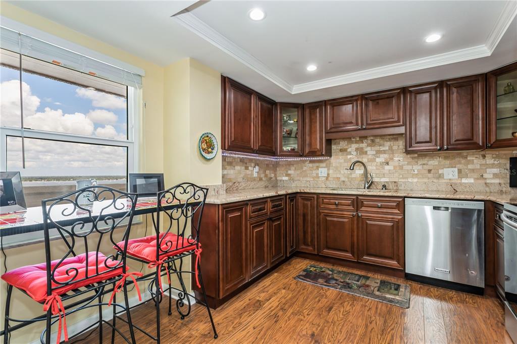 A kitchen features dark wood cabinets, granite countertops, a stone backsplash, and a window view — 5200 BRITTANY DRIVE S UNIT 1708, ST PETERSBURG, FL