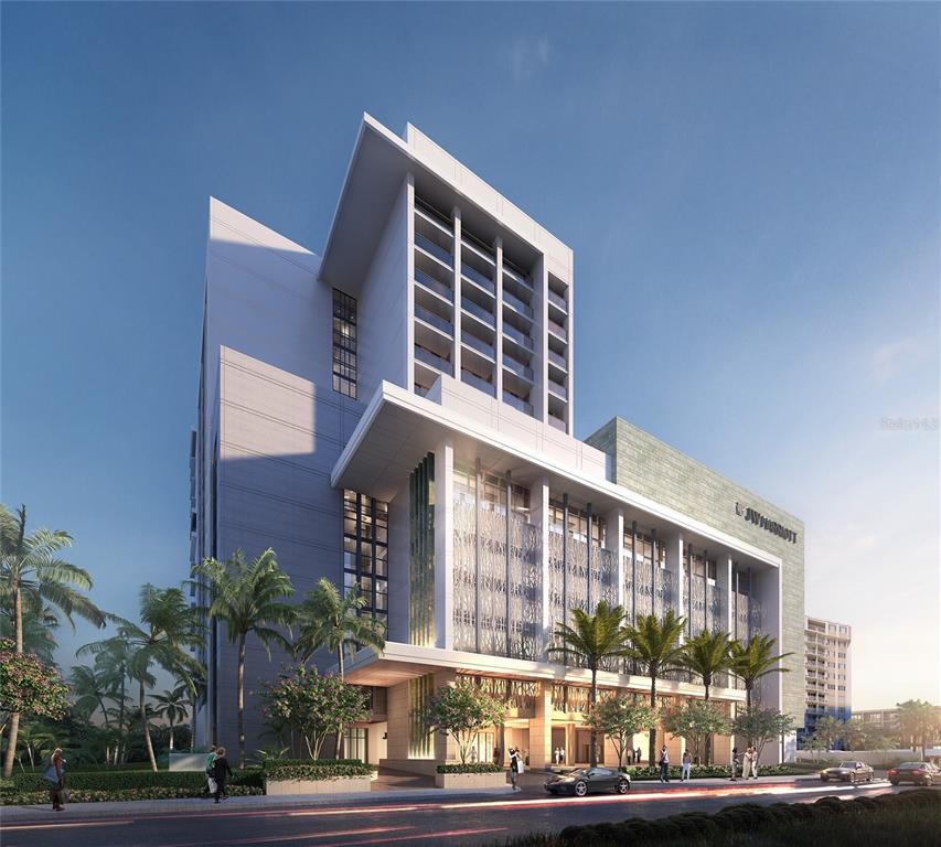 This is a digital architectural rendering of a modern multi-story hotel building with palm trees — 691 S GULFVIEW BOULEVARD UNIT 1408, CLEARWATER BEACH, FL