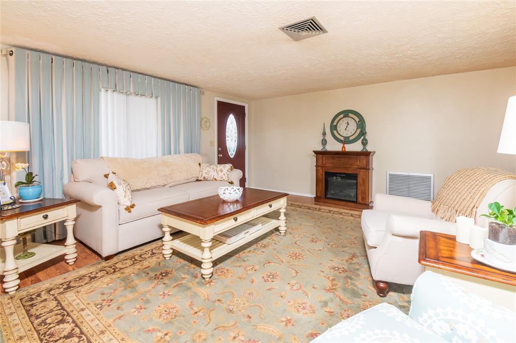 A living room features a sofa, armchair, coffee table, fireplace, and a patterned area rug — 6710 RANCHWOOD LOOP, NEW PORT RICHEY, FL