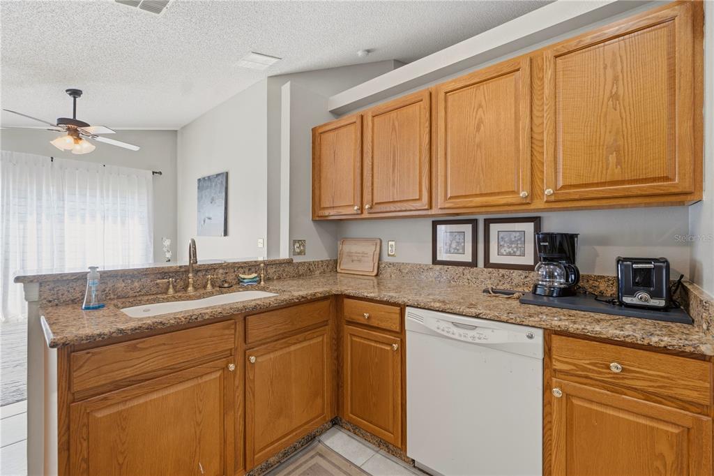 A kitchen features oak cabinets, granite countertops, a white dishwasher, and a double-basin sink — 334 BRAYTON LANE, DAVENPORT, FL