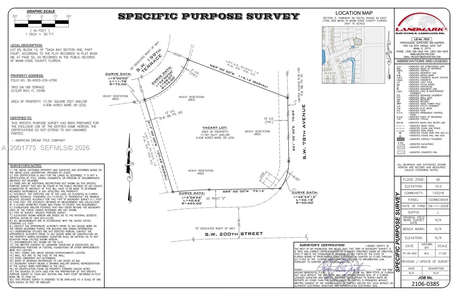 This is a specific purpose survey map for a vacant lot in Cutler Bay, Florida — 7810 SW 199th Ter, Cutler Bay FL 33189, CUTLER BAY, FL