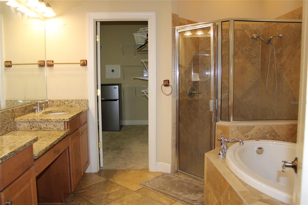 A bathroom features a granite vanity, a walk-in shower, a soaking tub, and a closet — 4961 ANNISTON CIRCLE, TAMPA, FL