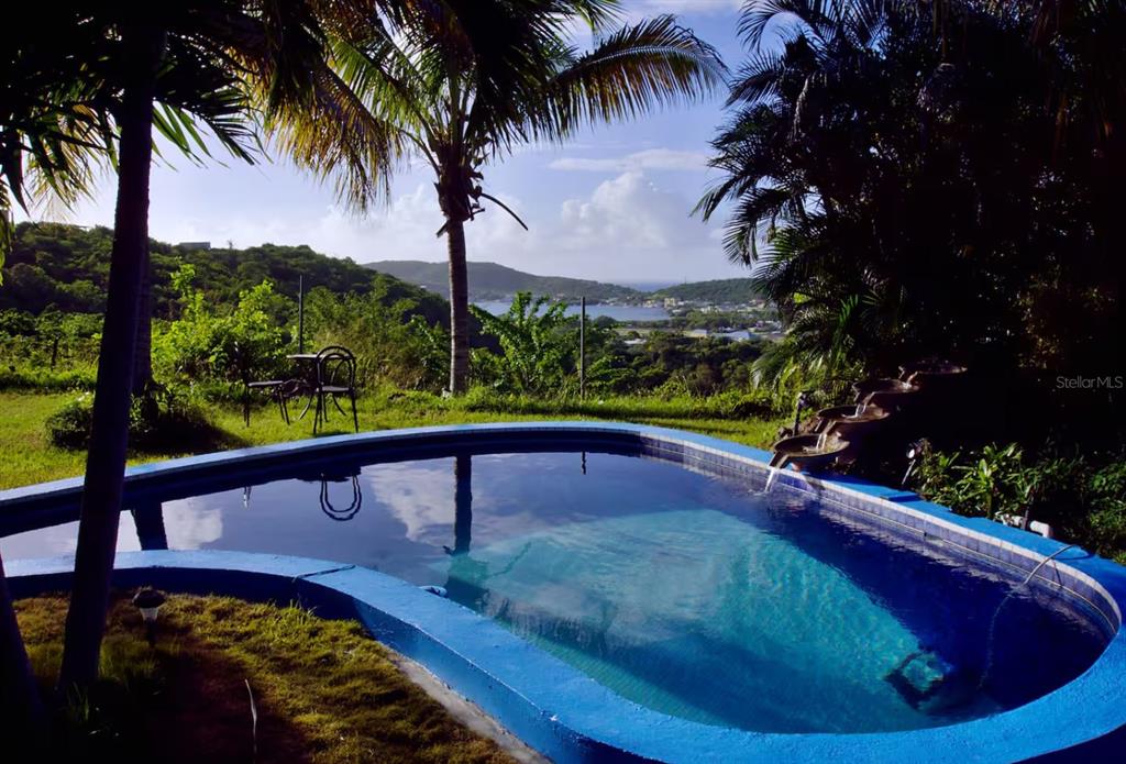 A kidney-shaped swimming pool overlooks a lush hillside and a distant bay — 5R MOUNT RESACA BARRIO FLAMENCO, CULEBRA, PR