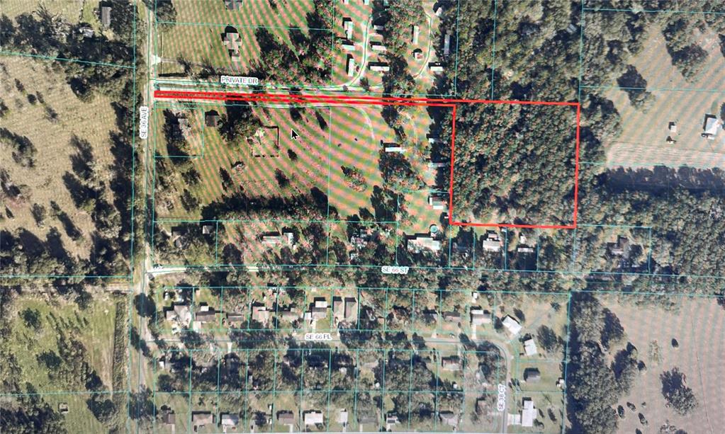 This is an aerial map showing a rectangular parcel of land outlined in red — 0 SE 36TH AVENUE, OCALA, FL