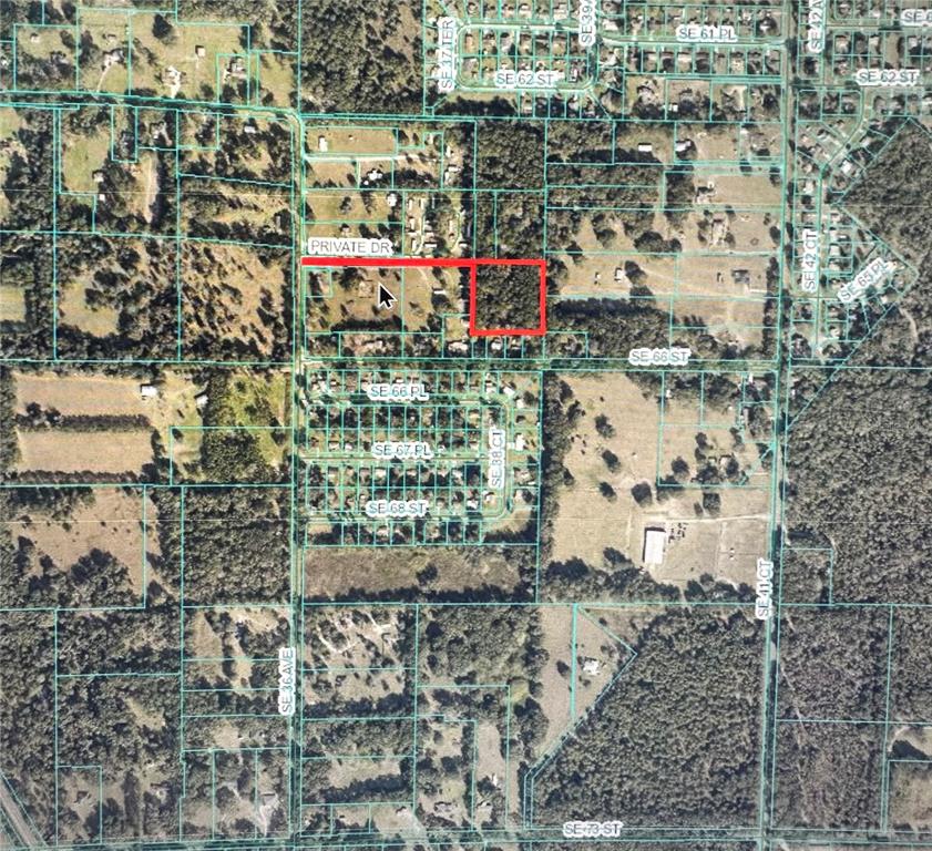 This is an aerial map showing a highlighted parcel of land and its surrounding area — 0 SE 36TH AVENUE, OCALA, FL