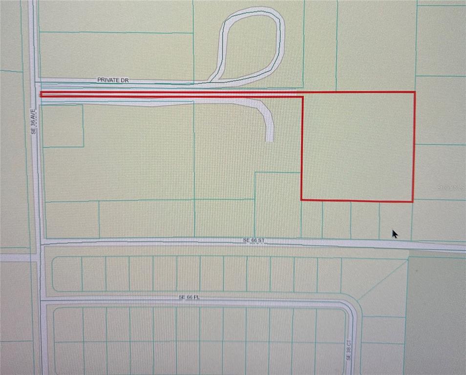 This is a map showing a flag-shaped parcel of land outlined in red — 0 SE 36TH AVENUE, OCALA, FL
