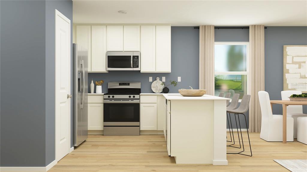 This is a rendering of a kitchen featuring white cabinets, stainless appliances, and an island — 2994 CHERRY LANE, HAINES CITY, FL