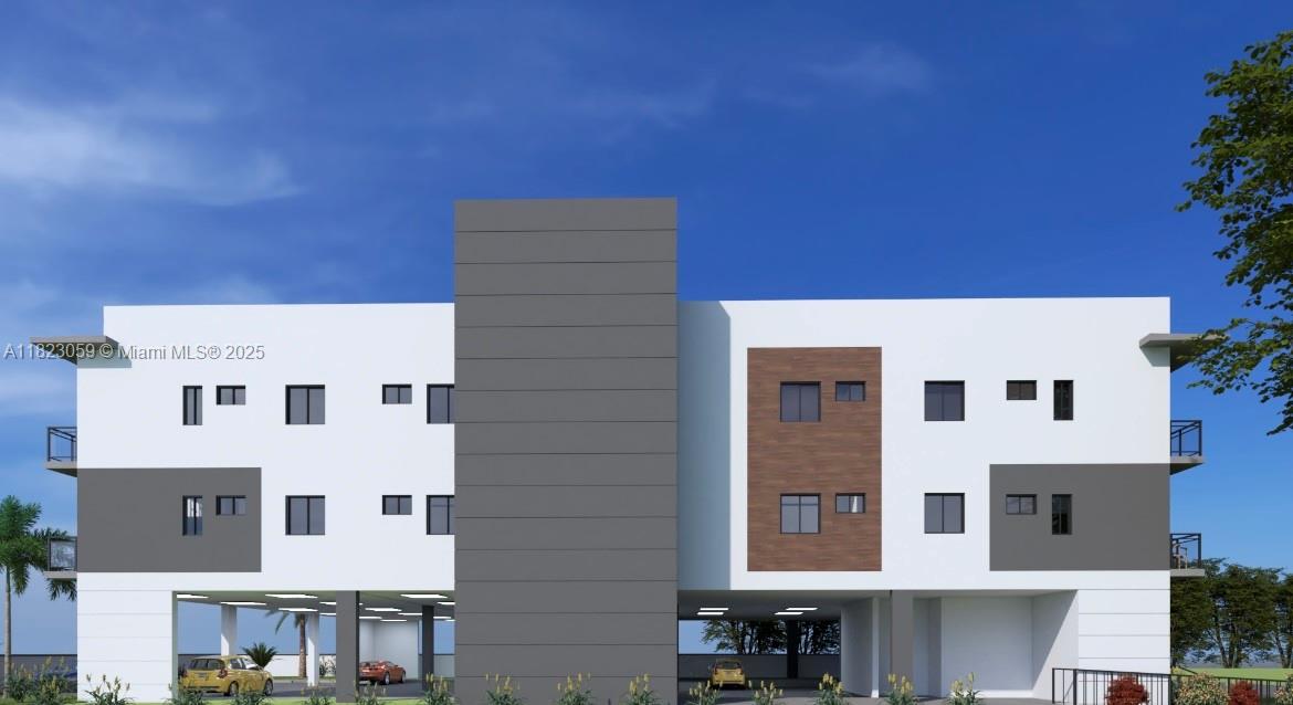 This is a digital rendering of a modern multi-story apartment building with covered parking — 3231 SW 23rd St, Miami FL 33145, MIAMI, FL