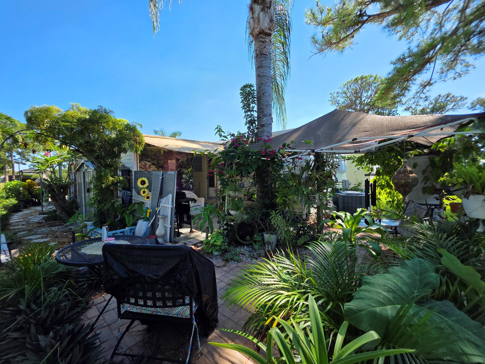 A backyard patio area features a brick floor, lush tropical plants, and a shaded seating area — 6241 Elm Lane, Lantana FL 33462, LANTANA, FL