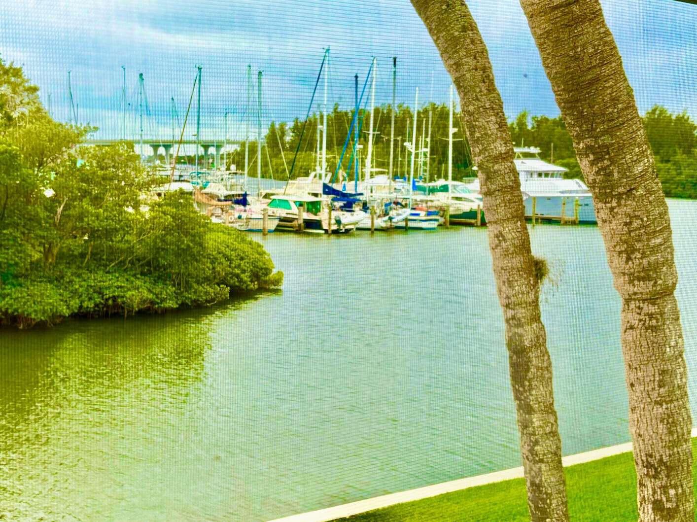 A view of a marina with docked boats and palm trees seen through a screen — 200 Greytwig Road # 213, Vero Beach FL 32963, VERO BEACH, FL