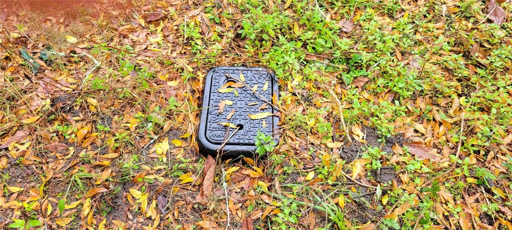 A black rectangular water meter box sits in a patch of dirt and fallen leaves — 1260 SW 91ST ST, GAINESVILLE, FL