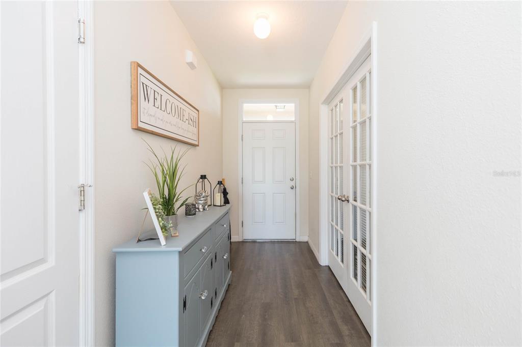 A hallway features a light blue console table, wood-look flooring, and a white front door — 3514 SAN MOISE PLACE, PLANT CITY, FL