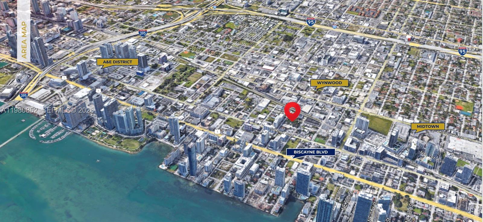 This aerial map shows the location of a property in Miami near Biscayne Boulevard — 142-144 NE 26th St, Miami FL 33137, MIAMI, FL