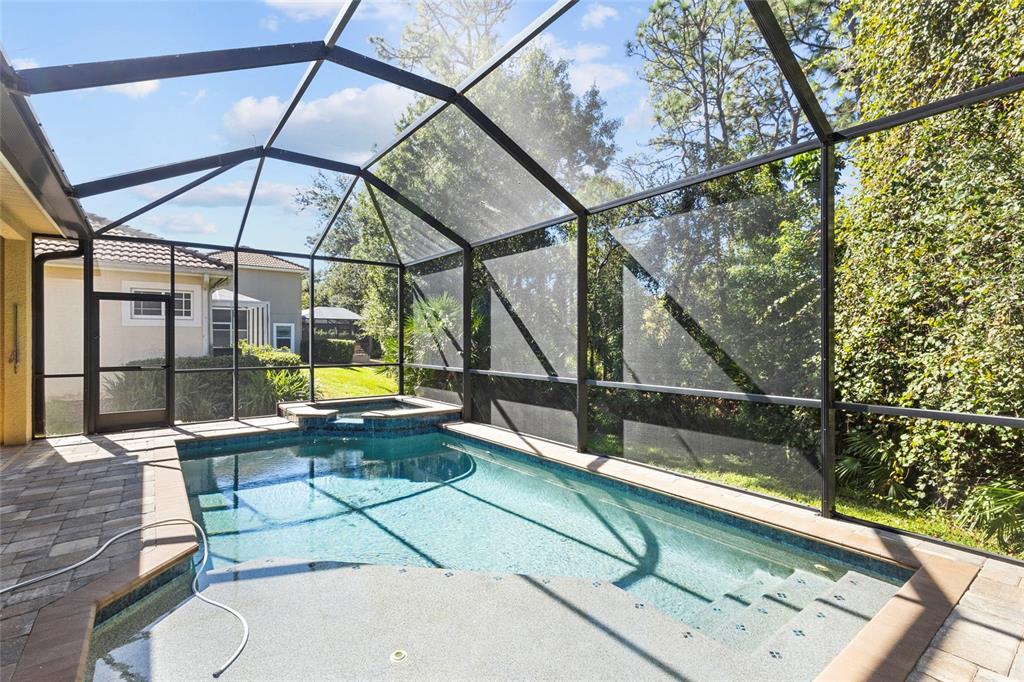 A screened-in swimming pool and spa with a paver deck and surrounding lush greenery — 8134 SANTA ROSA COURT, SARASOTA, FL