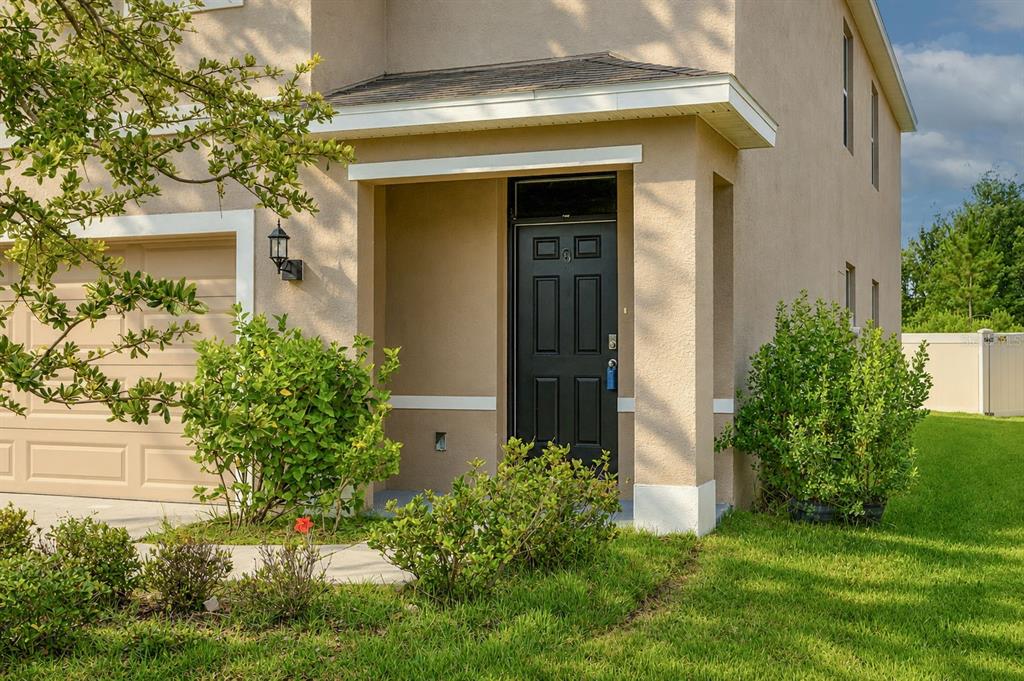 A tan two-story house features a black front door and a small covered entryway — 3226 SUNCOAST PLAINS DRIVE, ODESSA, FL