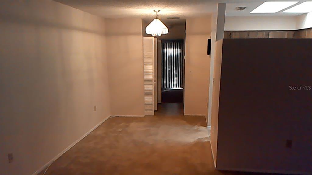 An interior view shows a carpeted dining area with a hanging light fixture and doorway — 706 GREEN VALLEY ROAD UNIT E4, PALM HARBOR, FL