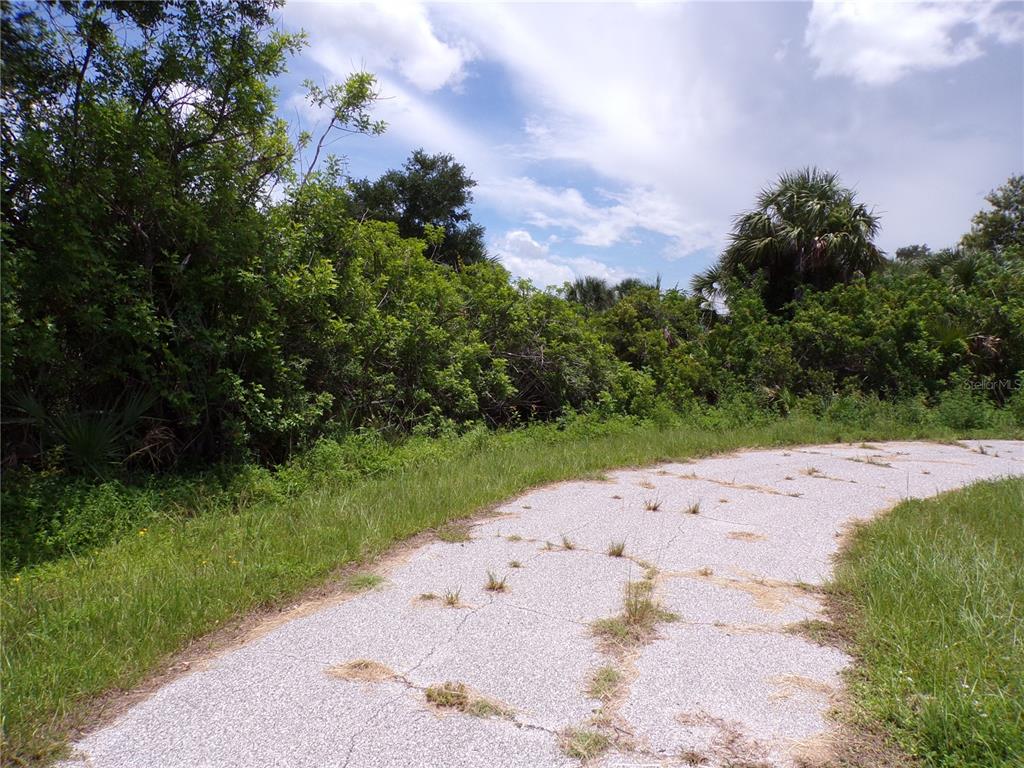 A cracked asphalt path curves through a grassy area toward dense trees and vegetation — 7248 CASSIDY COURT, PORT CHARLOTTE, FL