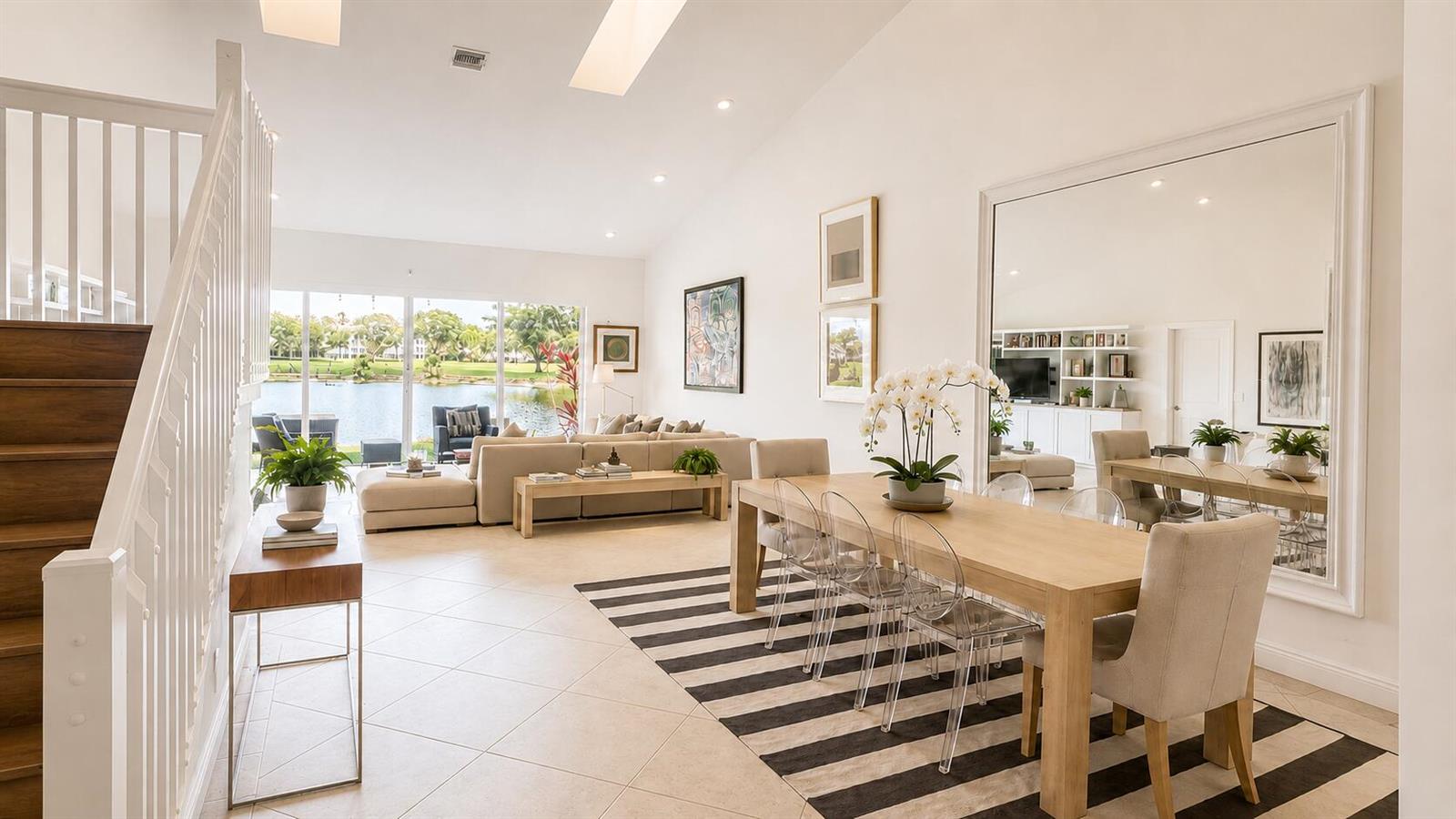 A bright, open-concept living and dining area features a staircase, large mirror, and lake view — 4107 Carriage Drive # K2, Pompano Beach FL 33069, POMPANO BEACH, FL