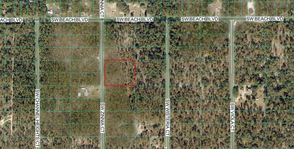 An aerial map view shows a rectangular plot of land outlined in red near roads — 00 SW SW ZINNIA COURT, DUNNELLON, FL