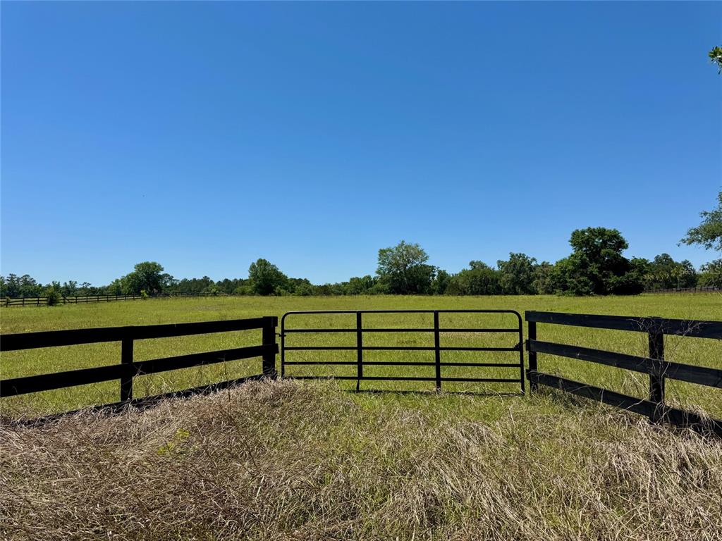 A black metal gate sits between sections of a black wooden fence in a field — 0 NW 115 AVENUE, OCALA, FL