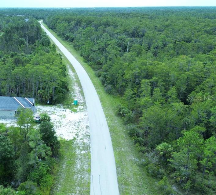 An aerial view shows a paved road winding through a dense, wooded area with a house — 483 GREENBRIAR BOULEVARD, LEHIGH ACRES, FL