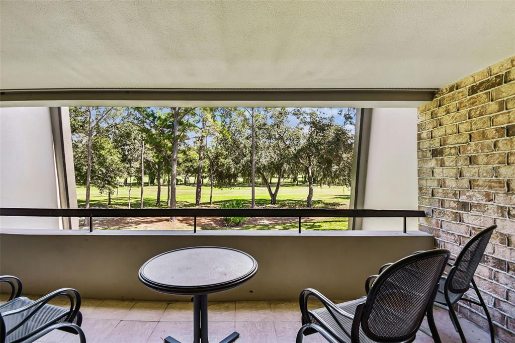 A balcony with a small table and chairs overlooks a grassy area with many trees — 36750 US HIGHWAY 19 N UNIT 19213, PALM HARBOR, FL