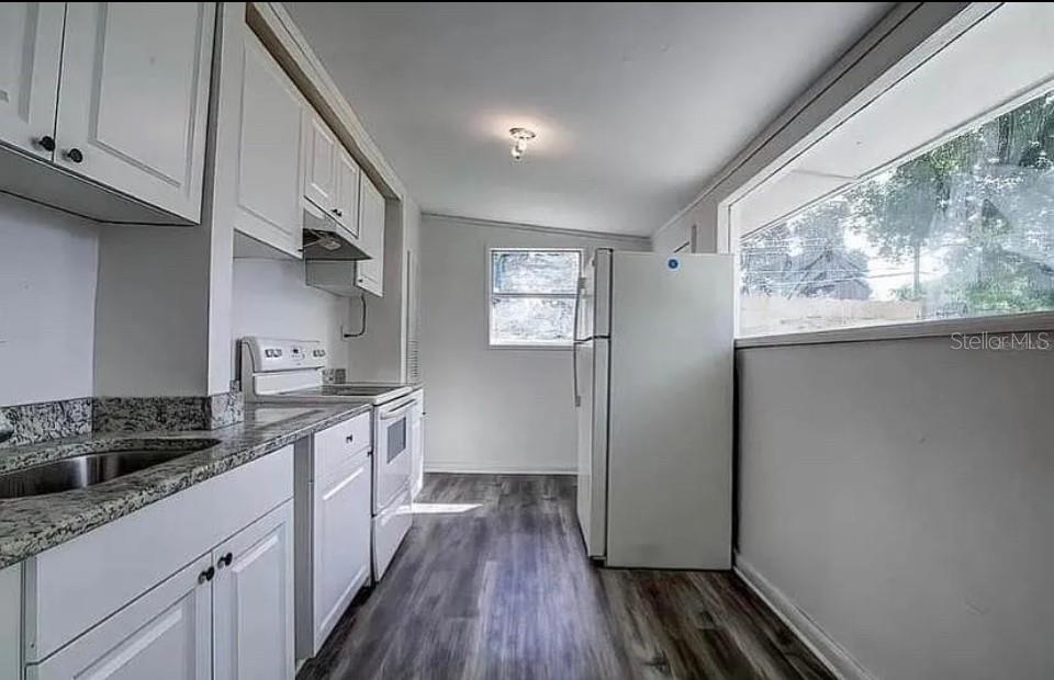 A bedroom with a queen bed, two nightstands, a potted plant, and wood-look flooring — 8428 N HIGHLAND AVENUE, TAMPA, FL