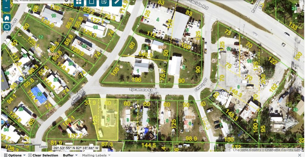This is a GIS map showing property parcel boundaries and lot dimensions in a residential area — 8287 SYCAMORE STREET, ENGLEWOOD, FL