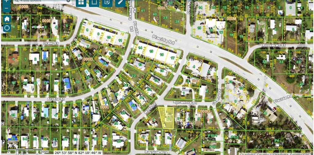This is a satellite map view showing residential property lots and street layouts in a neighborhood — 8287 SYCAMORE STREET, ENGLEWOOD, FL