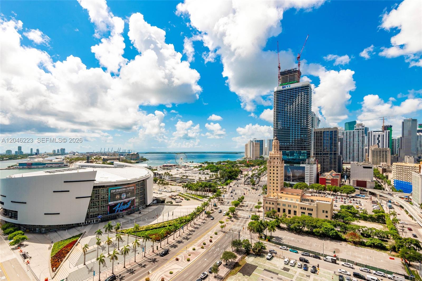 An elevated view shows the Kaseya Center, Freedom Tower, and surrounding Miami skyline — 888 Biscayne Blvd # 2002, Miami FL 33132, MIAMI, FL