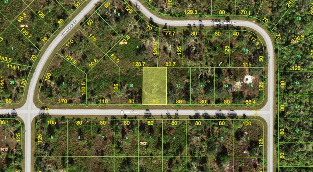 This is a map showing a highlighted rectangular land parcel located on a street corner — 12462 BENNER LANE, PORT CHARLOTTE, FL