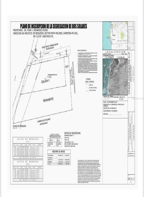 This is a land survey map showing the segregation of two lots in Cabo Rojo — PR 3301 KM 2.6 INT PUNTA MELONES, BOQUERON, CABO ROJO, PR