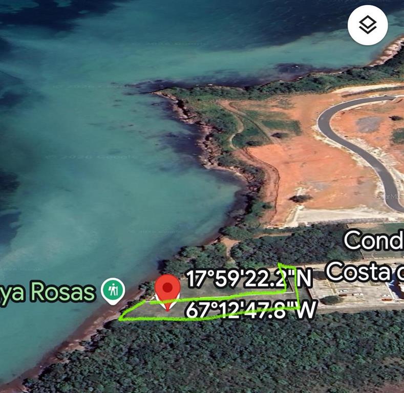 This is an aerial map view showing a coastal plot of land outlined in green — PR 3301 KM 2.6 INT PUNTA MELONES, BOQUERON, CABO ROJO, PR