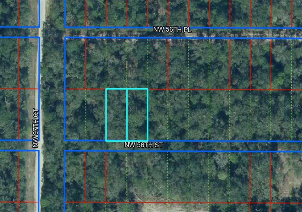 This is a satellite map showing two adjacent rectangular lots outlined in cyan — Lots 4 & 5 NW 56TH STREET, CHIEFLAND, FL