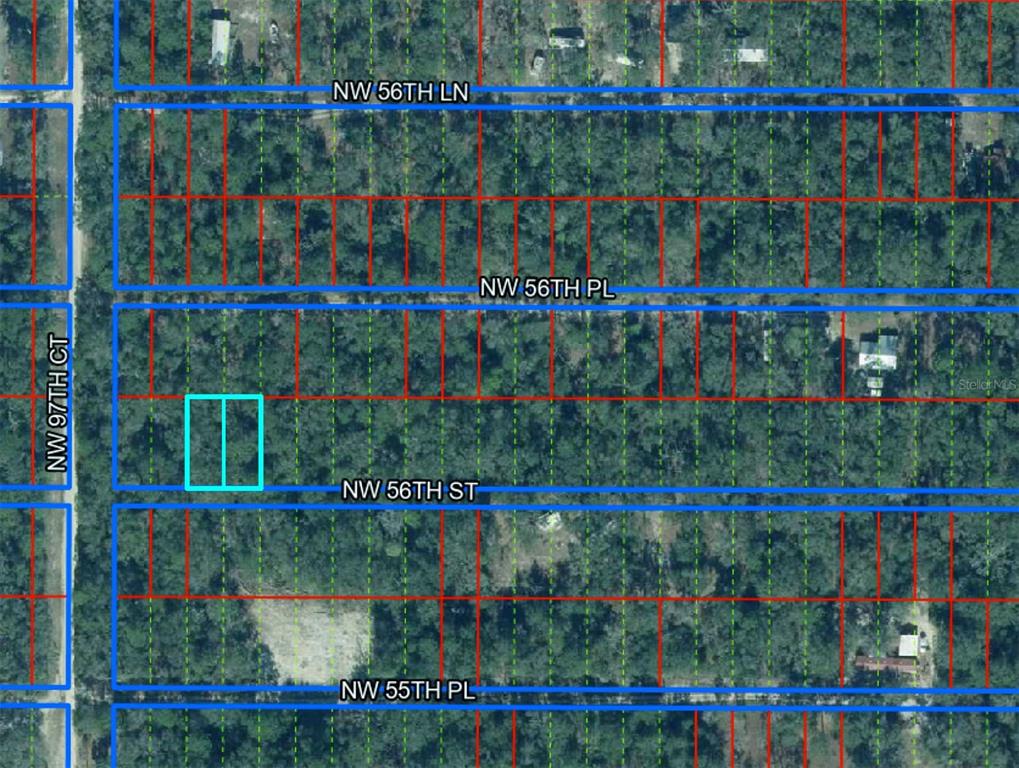This is an aerial map showing a highlighted rectangular land parcel near a residential street — Lots 4 & 5 NW 56TH STREET, CHIEFLAND, FL