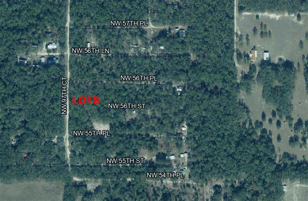 This is an aerial map showing wooded lots and street names in a residential area — Lots 4 & 5 NW 56TH STREET, CHIEFLAND, FL