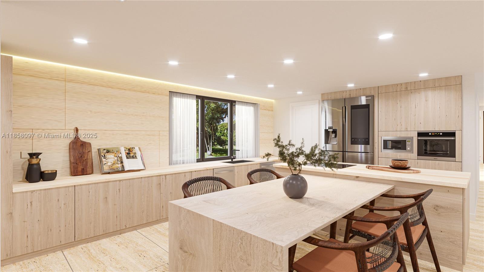 This rendering shows a modern kitchen with light wood cabinetry, a central island, and appliances — 1644 S Miami Ave, Miami FL 33129, MIAMI, FL