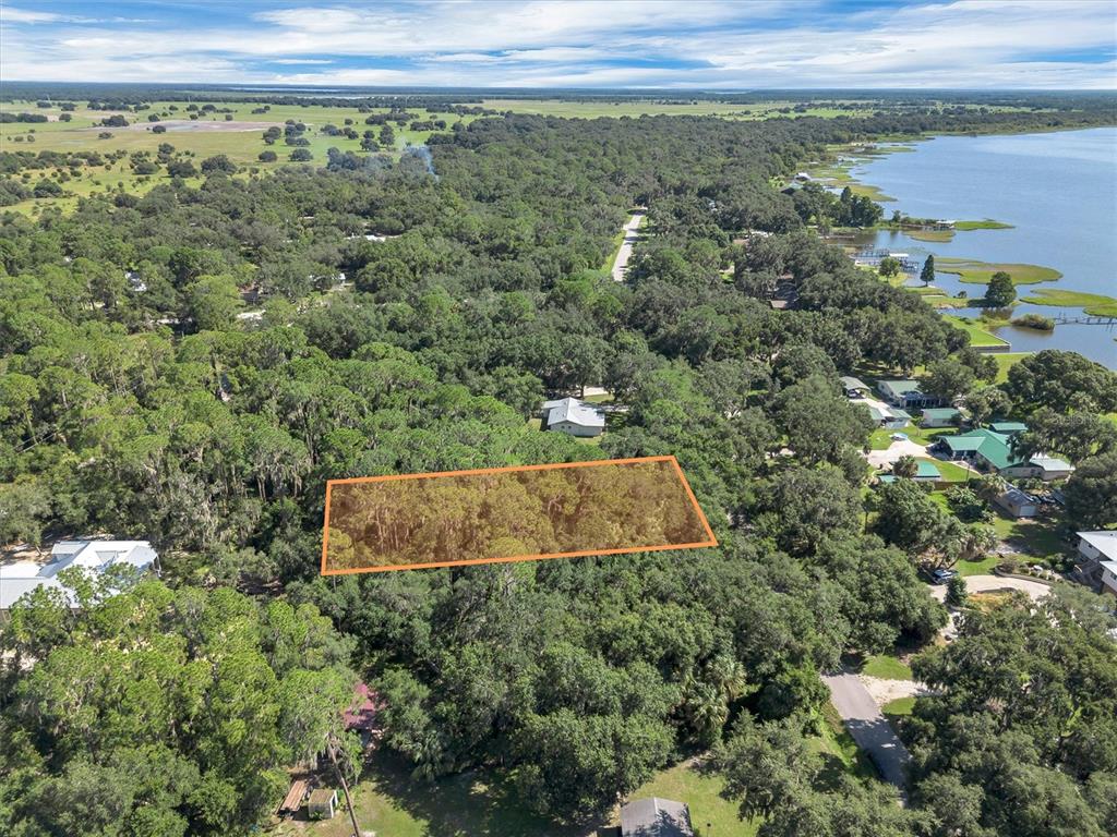 An aerial view shows a rectangular plot of land highlighted in orange amidst dense trees — BEACH PARKWAY, LAKE WALES, FL