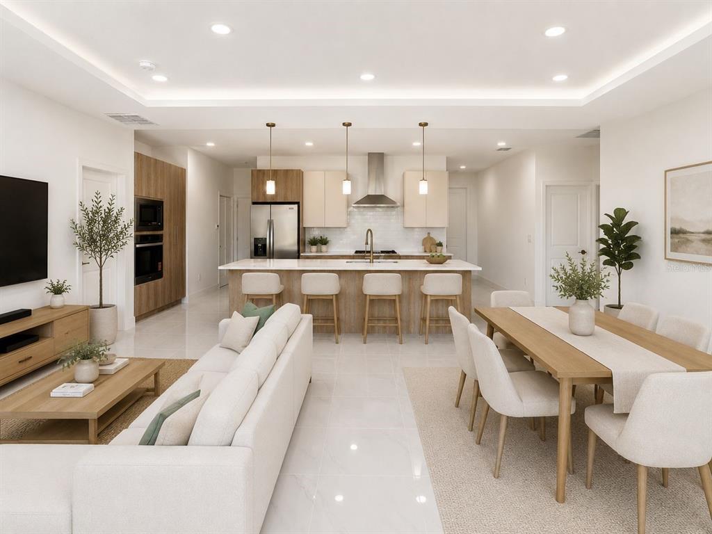 This rendering shows an open-concept living room, dining area, and kitchen with modern finishes — 117 NW 13TH STREET, CAPE CORAL, FL