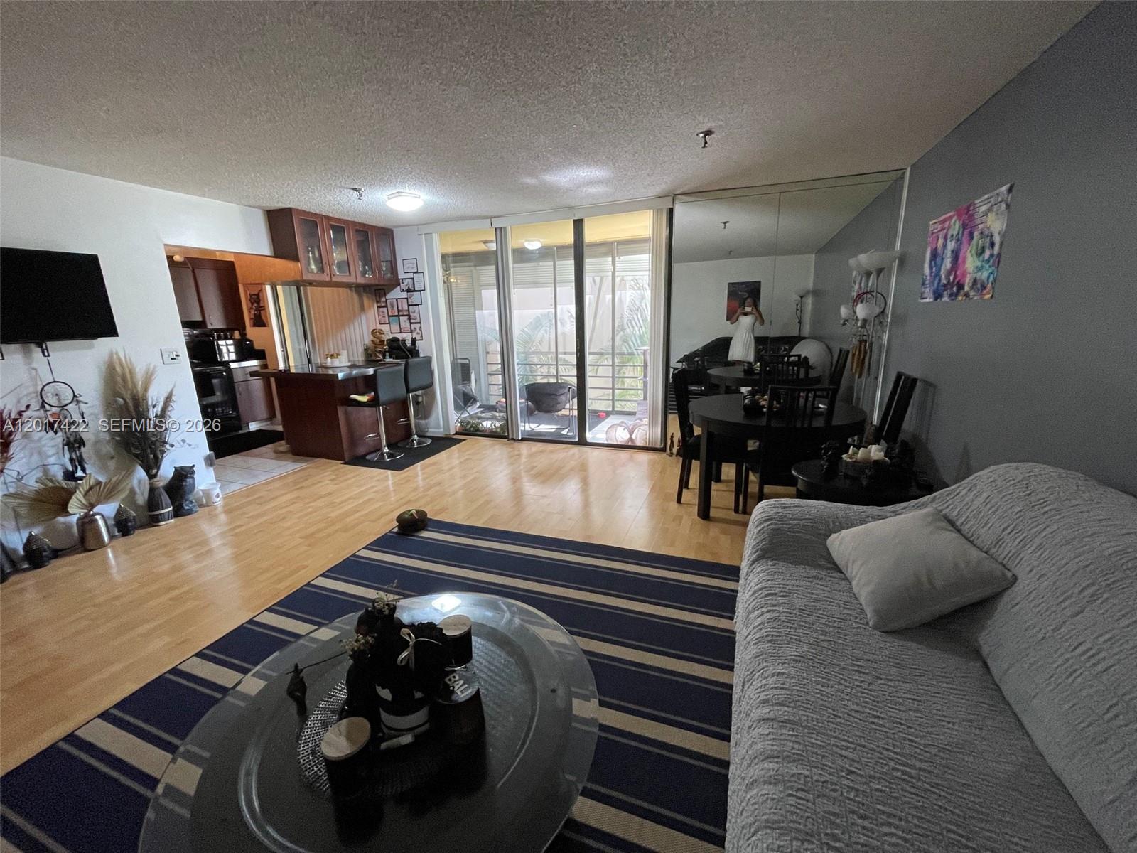 This living room features light wood flooring, a striped area rug, and an adjacent kitchen — 671 NE 195th St, Miami FL 33179, MIAMI, FL
