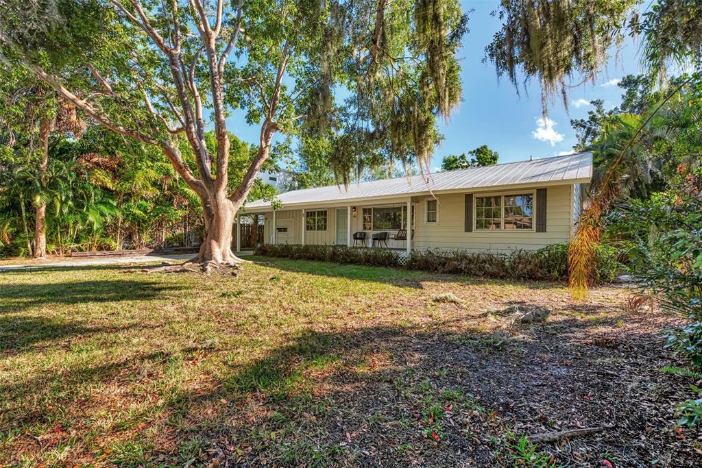 A single-story house with light siding and a metal roof sits behind a large tree — 1726 FLOYD STREET, SARASOTA, FL