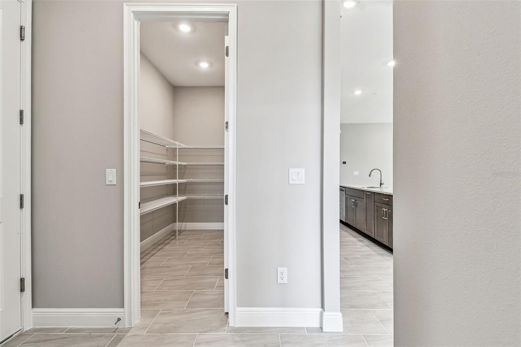 A pantry with wire shelving and a kitchen with dark cabinets are visible through doorways — 12305 WHITE BLOSSOM COURT, PARRISH, FL